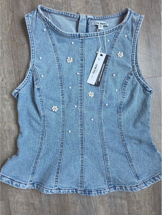 Steve Madden Tops - Steve Madden Women's Denim Sleeveless Top with Pearl Embellishments Size M